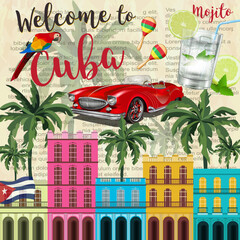 Welcome to Cuba poster with cuban traditional elements.