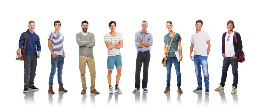 Collage, portrait and diversity with a man model group in studio isolated on a white background for fashion, education or business. Marketing, advertising and men standing in line to promote a brand