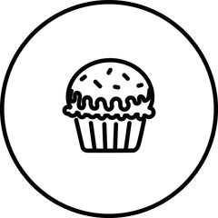 Cupcake black and white line icon vector illustration in a circle, for web use for sweet food, dessert, baked, muffin.