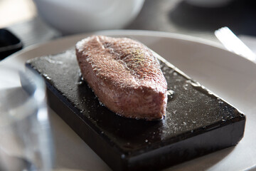 A view of a portion of a seared Washugyu steak.