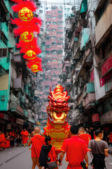  Chinese New Year celebration. Group of people perform a traditional lion dance. generative ai