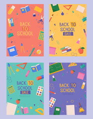Set of back to school cardd with colorful school supplies. Colorful back to school templates for invitation, poster, banner, promotion, sale. School supplies cartoon illustration.
