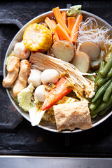 A top down view of a Taiwanese hot pot.