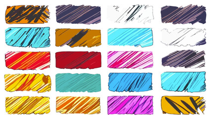 Set of colorful design elements with rectangular shapes with diagonal brush strokes in grunge style. Irregular shapes and rough edges. Clipart for t-shirt or website.