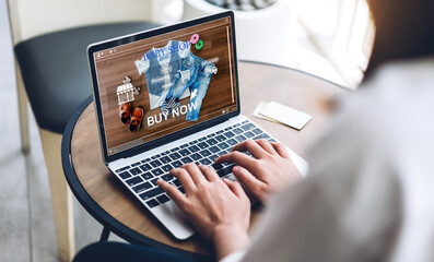 Portrait of mother relax use technology of laptop computer online shopping for baby.mother enjoy shopping time in baby shop and buy something purchases at home.online delivery shopping concept