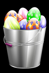 iron bucket with decorated Easter eggs