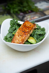A view of a grilled salmon salad.