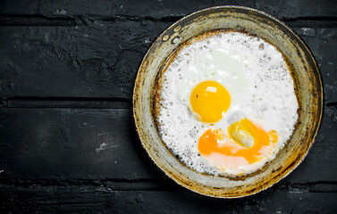 Fried eggs in a frying pan.