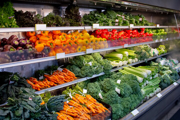 A view of a fresh vegetable display at a local grocery store.