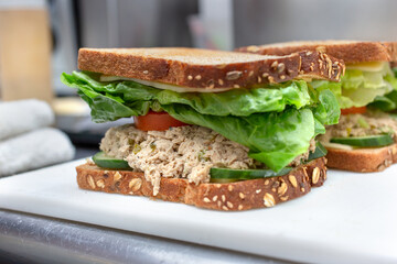 A view of a tuna salad sandwich.