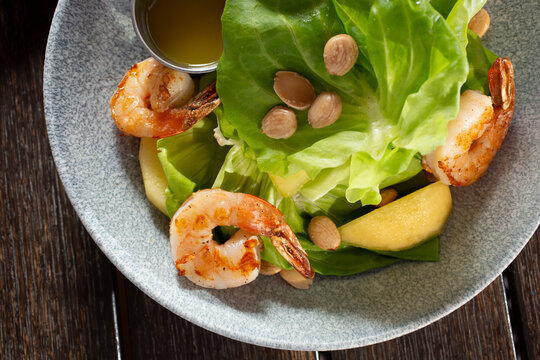 A top down view of a shrimp salad.