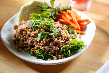 A view of a plate of larb.