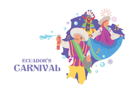 VECTORS. Editable poster for the Parade or Carnival in Ecuador. February, celebration, traditional dress and clothing, foam, map