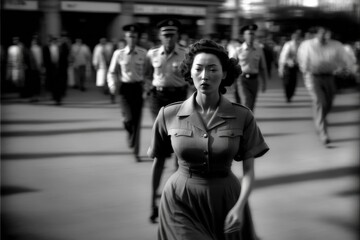 Fototapeta na wymiar young woman walking in Pyongyang in 1960. monochromatic vintage. This image was created with generative AI,