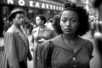 Young black woman walking in Detroit in 1950. monochromatic vintage. This image was created with generative AI - obrazy, fototapety, plakaty