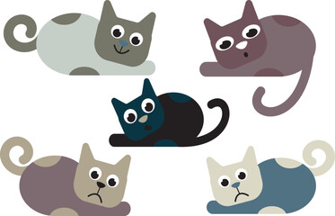 A set of several different cats.
