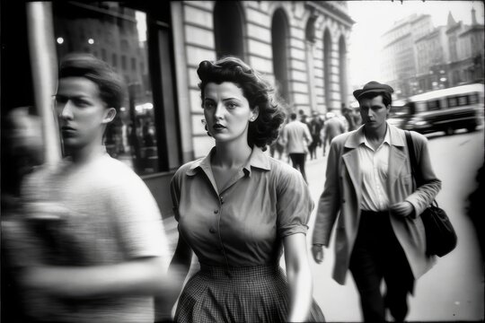 young woman walking in paris in 1950. monochromatic vintage. This image was created with generative AI