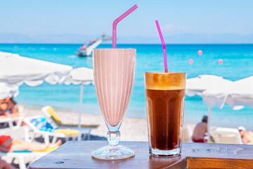 Cold beverage on the beach. Rhodes, Greece
