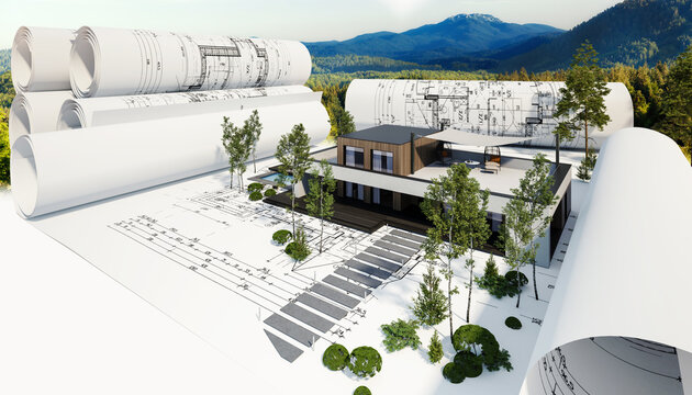 Bauplanung eines Einfamilienhauses mit Dachterrasse und Swimmingpool (Berglandschaft im Hintergrund) - 3D Visualisierung