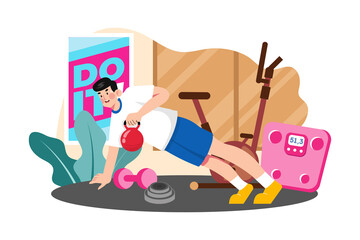 Man is doing kettlebell exercises at the gym.