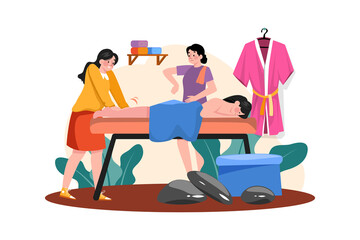 Woman receiving foot massage service from a masseuse.