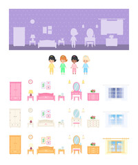 Shadow matching game. Create your interior. Dollhouse interior concept. Cartoon flat style. Vector illustration
