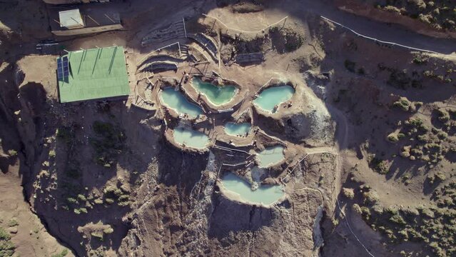 Natural Hot Spring Pools Of Termas Valle De Colina In Cajon del Maipo Near Santiago In Chile. aerial rotating