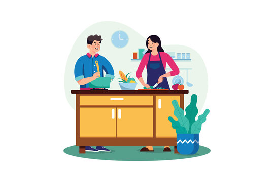 The couple is cooking together