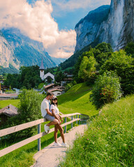 Lauterbrunnen valley,village Lauterbrunnen, Staubbach Fall, and Lauterbrunnen Wall in the Swiss...