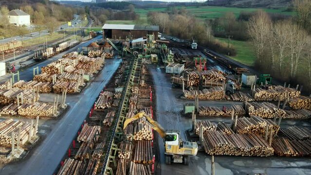 Modern Lumber Industry in Motion: An Aerial View of Log Processing at a Sawmill in Germany