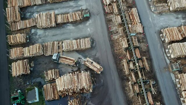 Harvesting and Processing Timber: Aerial View of Logging Trucks Unloading and Logs at a Sawmill in Germany