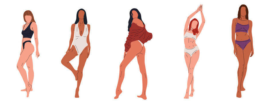 Set Of Five Young Beautiful Slim Woman In Underwear In Full Growth Posing Isolated Background. Vector