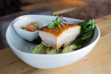 Baked pork belly cooked at low temperature.