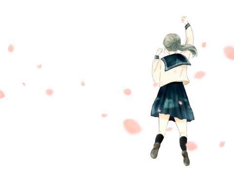 女子高生のジャンプする後ろ姿　桜が舞う白背景
