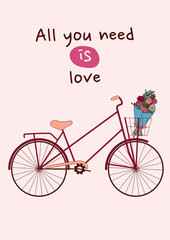 Valentine's Day greeting card with a bicycle and a bouquet of flowers. Vector illustration