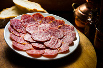 Salchichón Ibérico. Table of Iberian sausages such as ham, salchichón, lomo and other Spanish delicatessen.