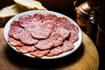Chorizo ibérico. Table of Iberian sausages such as ham, salchichón, lomo and other Spanish delicatessen.