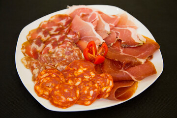 Table of Iberian sausages such as ham, salchichón, lomo and other Spanish delicatessen.