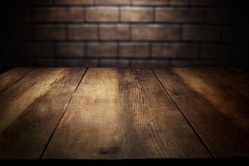 Wooden desk space for product dark wall background