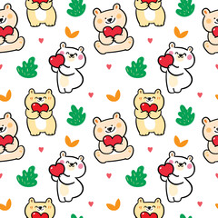 Seamless Pattern of Cute Cartoon Bear with Heart Design on White Background