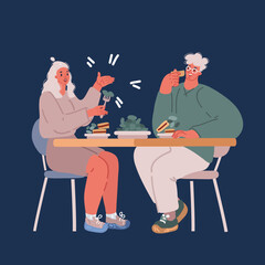 Cartoon vector illustration of Man and woman sitting and having lunch together.