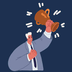 Cartoon vector illustration of Business man achievements, Victory, Win concept with characters holds a cup and celebrates success.