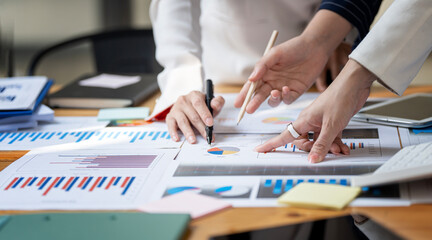 Business people advisor, business people talking, planning analyze investment and marketing on tablet in office.