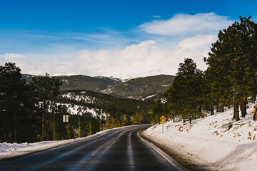 Road trip, open road photos in the winter in the Rocky Mountains, Colorado