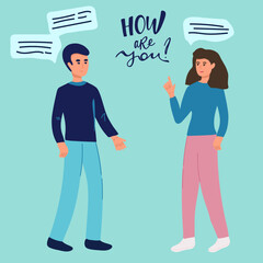 Blonde woman talking with man vector illustration. Cheerful lady gesturing in conversation with bearded boy. Serious guy with crossed arms listening to pretty girl. Friend, colleague communicating