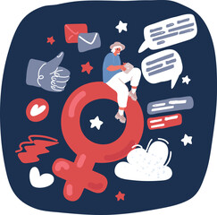 Cartoon vector illustration of Female symbol. female sitting at big sign