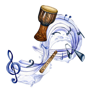 watercolor drum, flute, music notes clip art preview