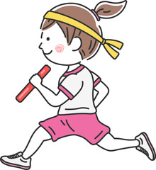 運動会のリレーで、バトンを持って走る、女の子のイラスト
