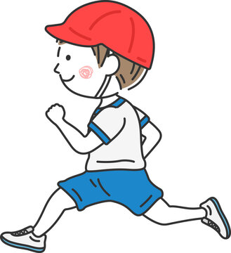赤白帽子をかぶって走る、男の子のイラスト