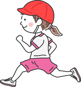 赤白帽子をかぶって走る、女の子のイラスト